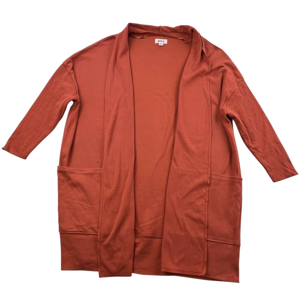 Pact Organic Cotton Airplane Cardigan Sweater Orange Open Front Pockets M/L